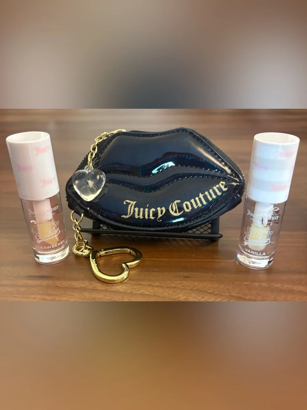 Juicy Couture Black Metallic Navy Lip-Shaped Coin Purse w/Set of 2 Lip Oils